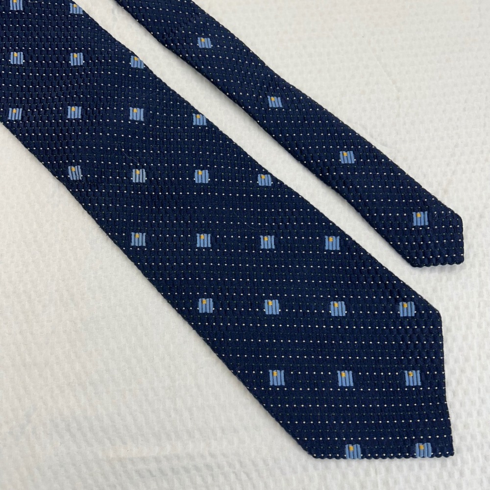 Hickey Freeman Mens‎ Navy Blue Geometric Silk Cotton Tie Hand Made USA England